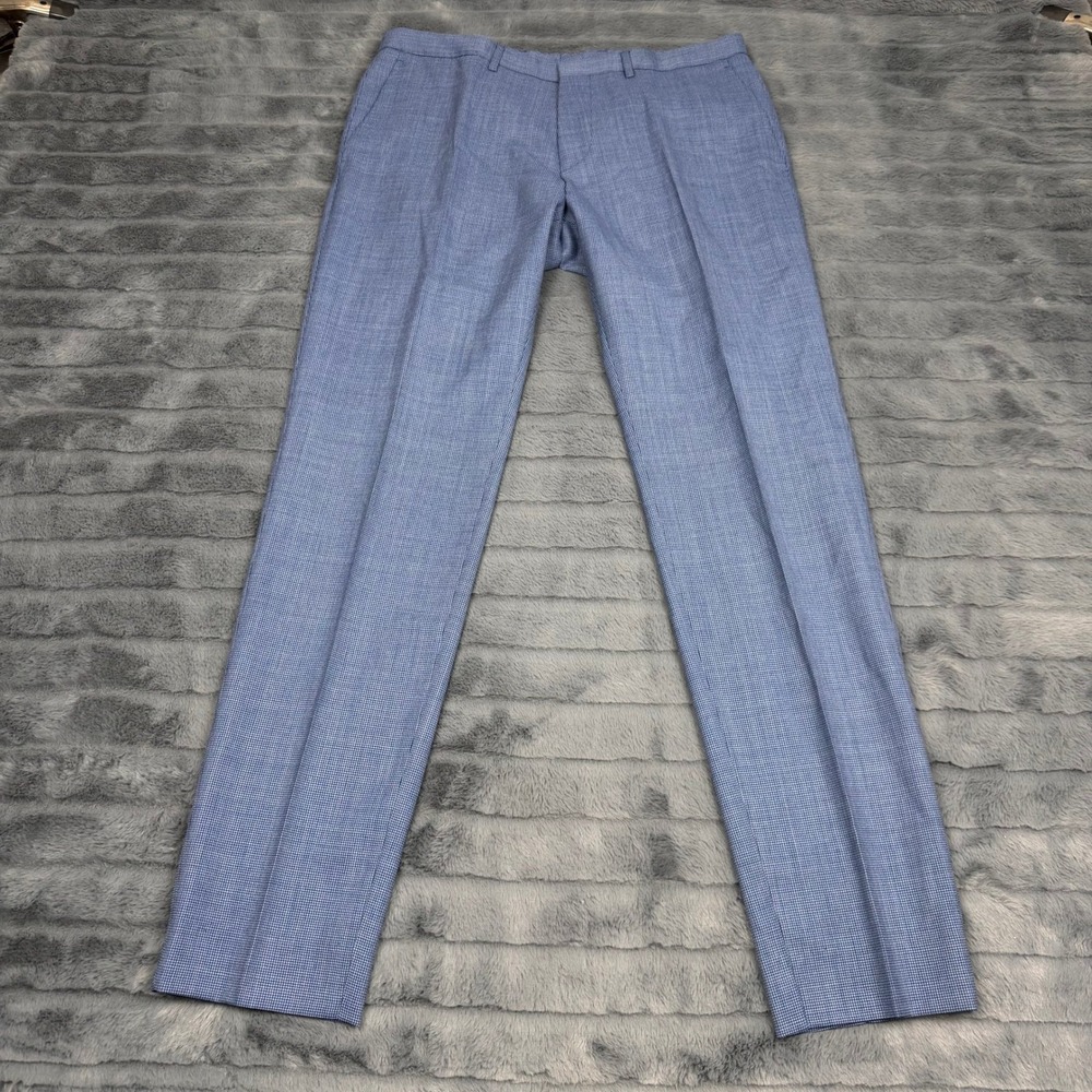 Hugo Boss Mens 32R Blue Virgin Wool Micro Check Flat Front Dress Pants Trousers
